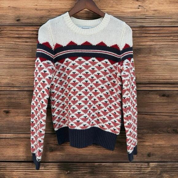 Abercrombie & Fitch Fair Isle Crewneck Ivory Red Blush Blue Sweater size Small - Picture 1 of 9